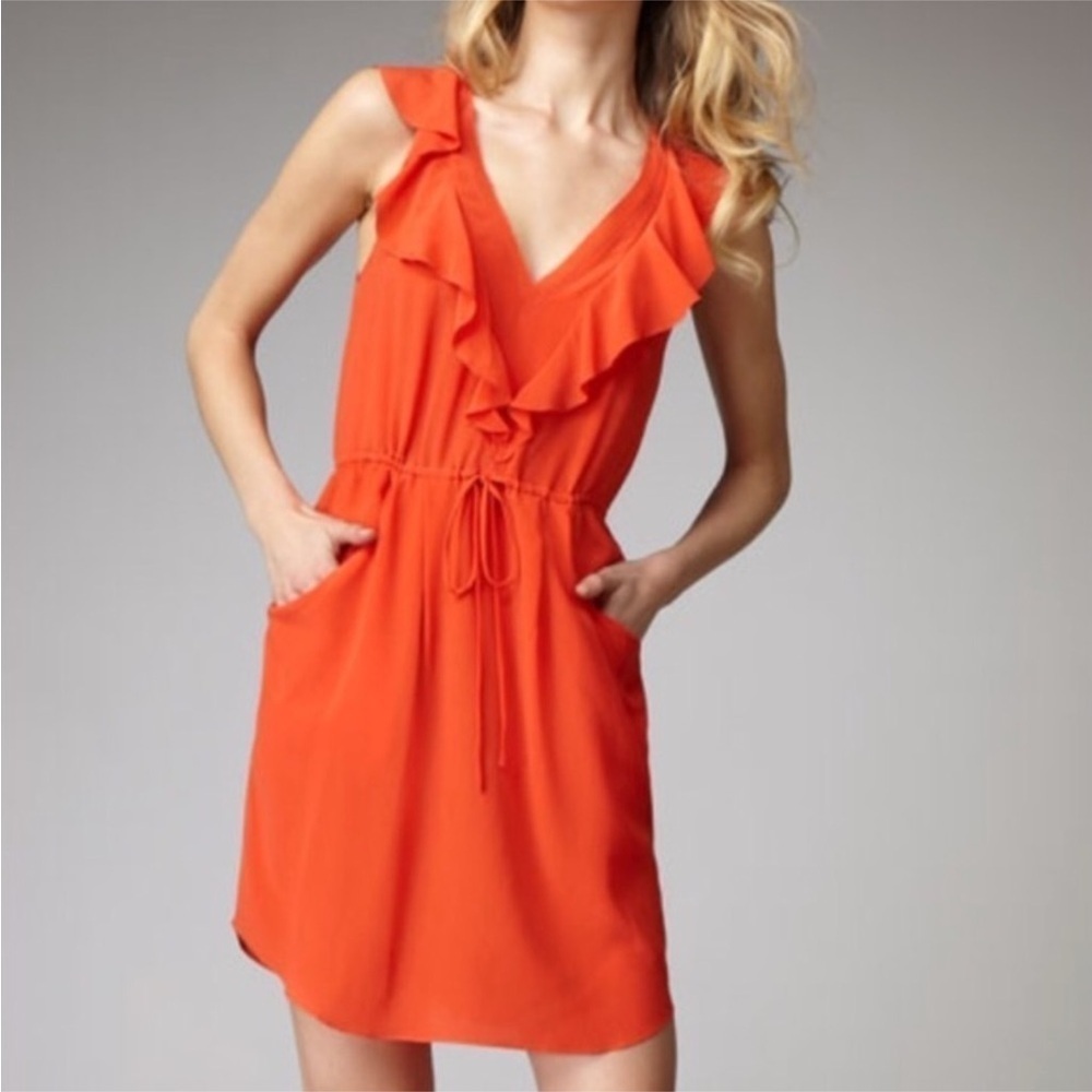 Rebecca Taylor Orange Ruffle V-Neck Mini Dress